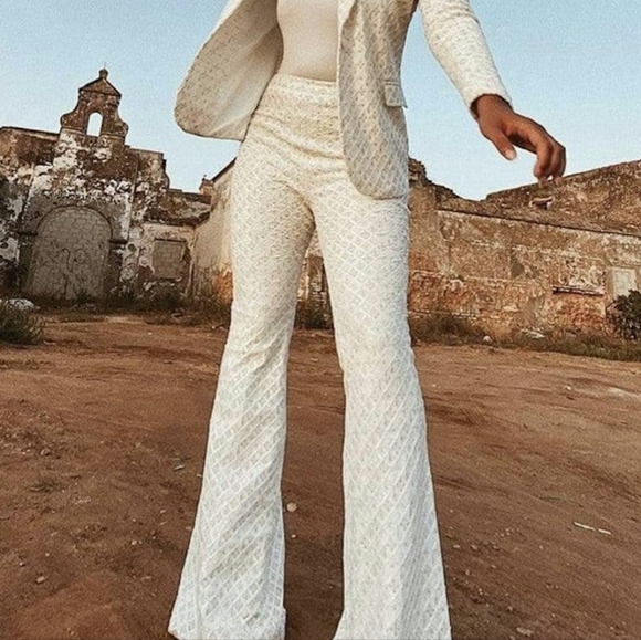 NADINE MERABI MEGHAN White Beige Flare Embroidered Sequin Velvet Trousers Pants - Picture 5 of 16